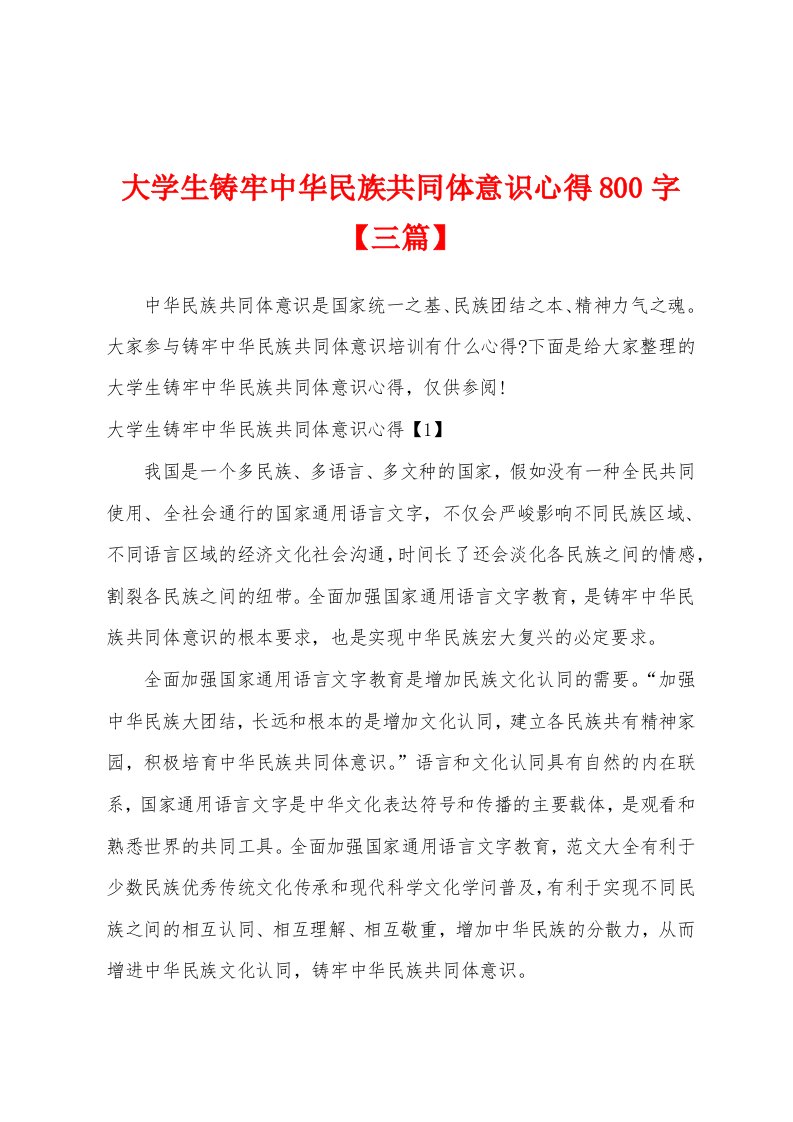 大学生铸牢中华民族共同体意识心得800字