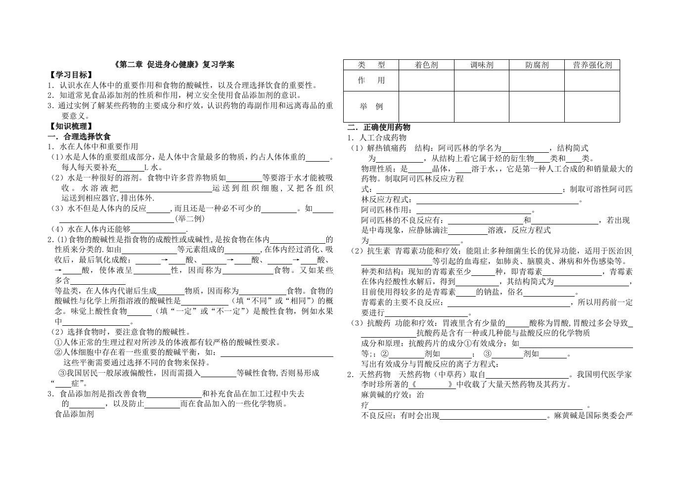 化学与生活促进身心健康复习学案