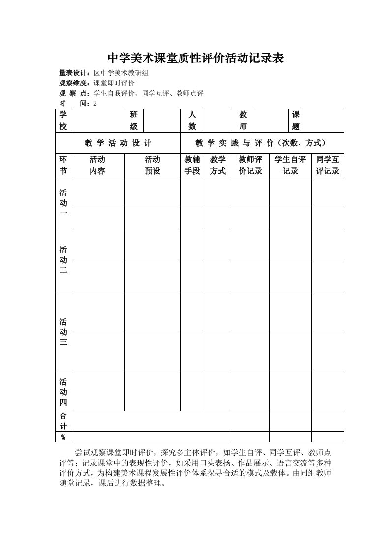 中学美术课堂质性评价活动记录表