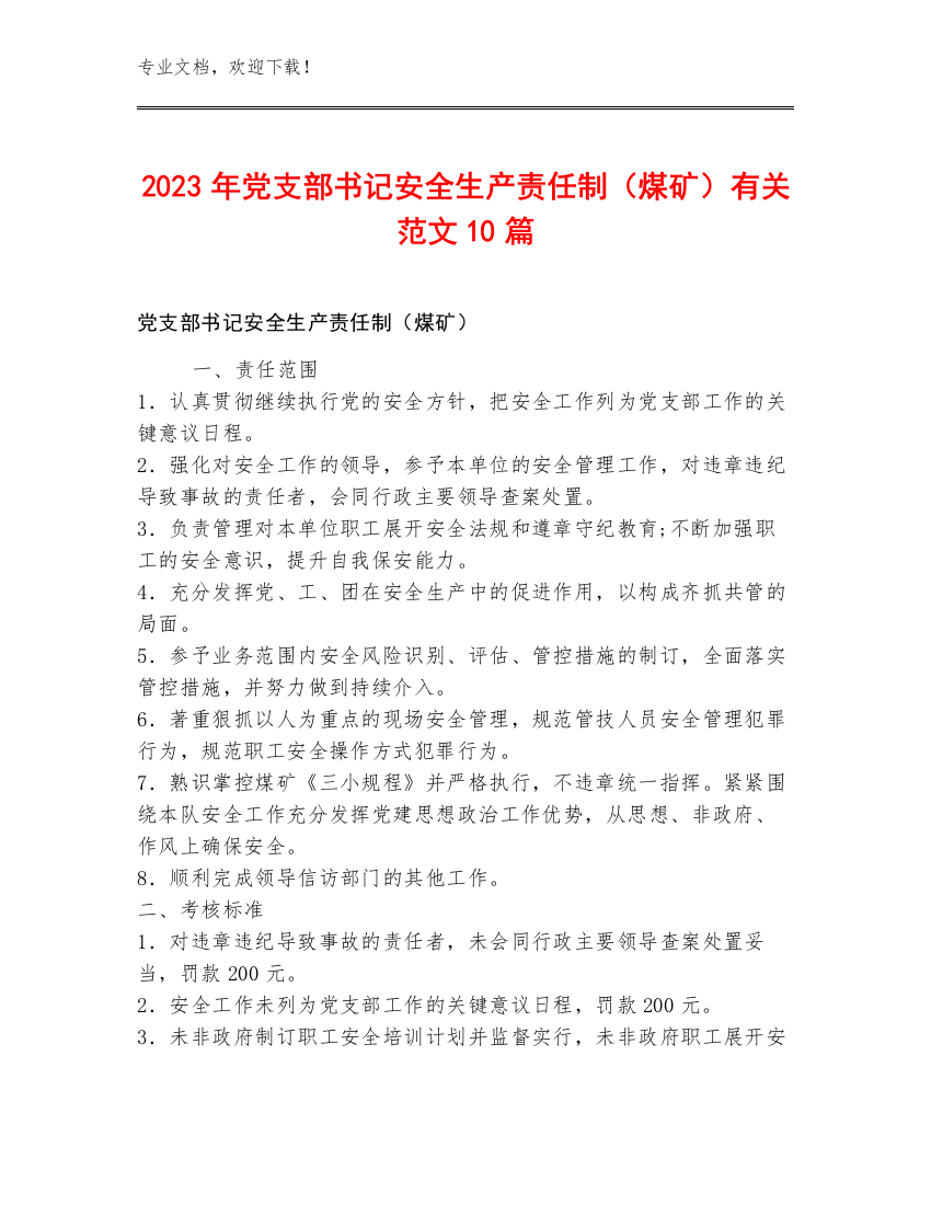 2023年党支部书记安全生产责任制（煤矿）范文10篇