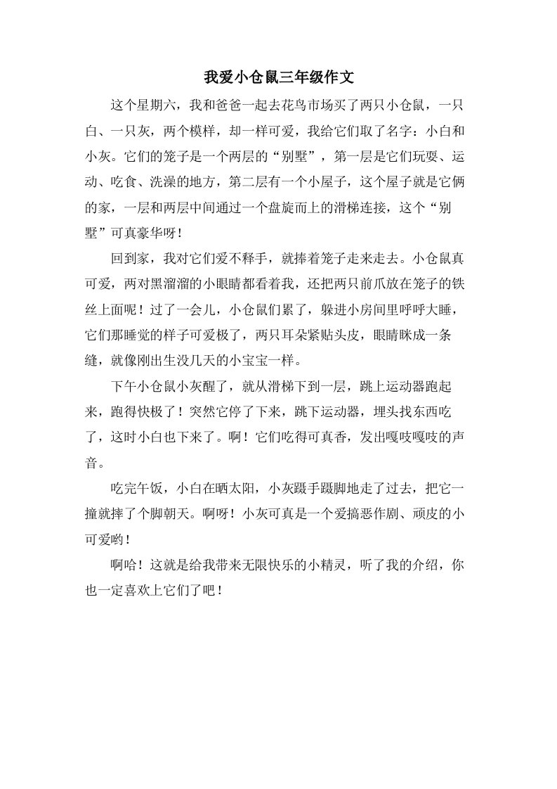 我爱小仓鼠三年级作文