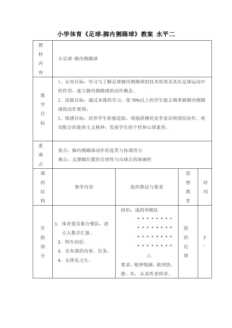 小学体育《足球-脚内侧踢球》教案