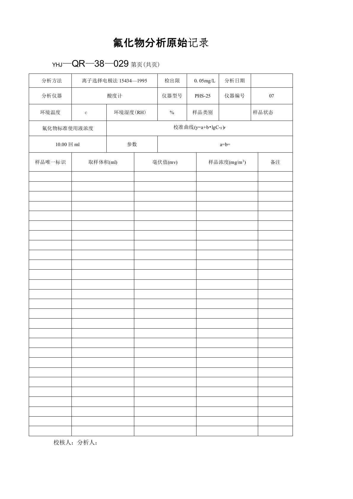 氟化物(气)分析原始记录