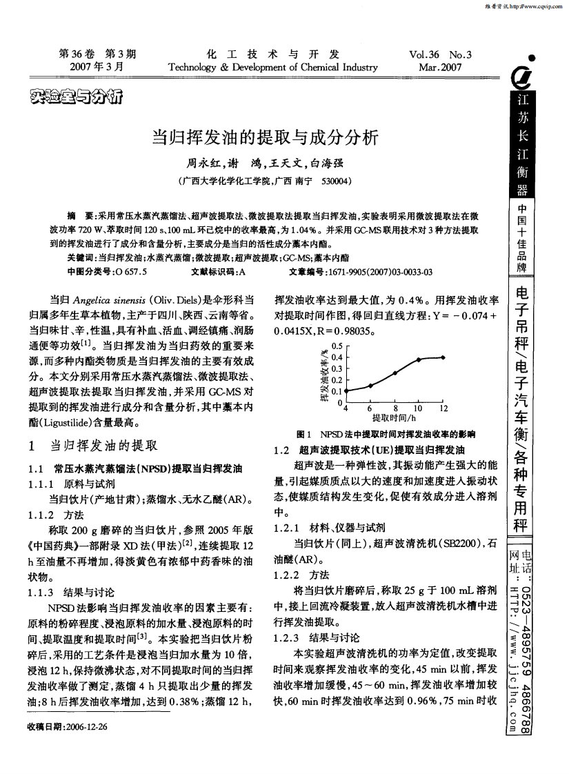 当归挥发油提取和成分分析