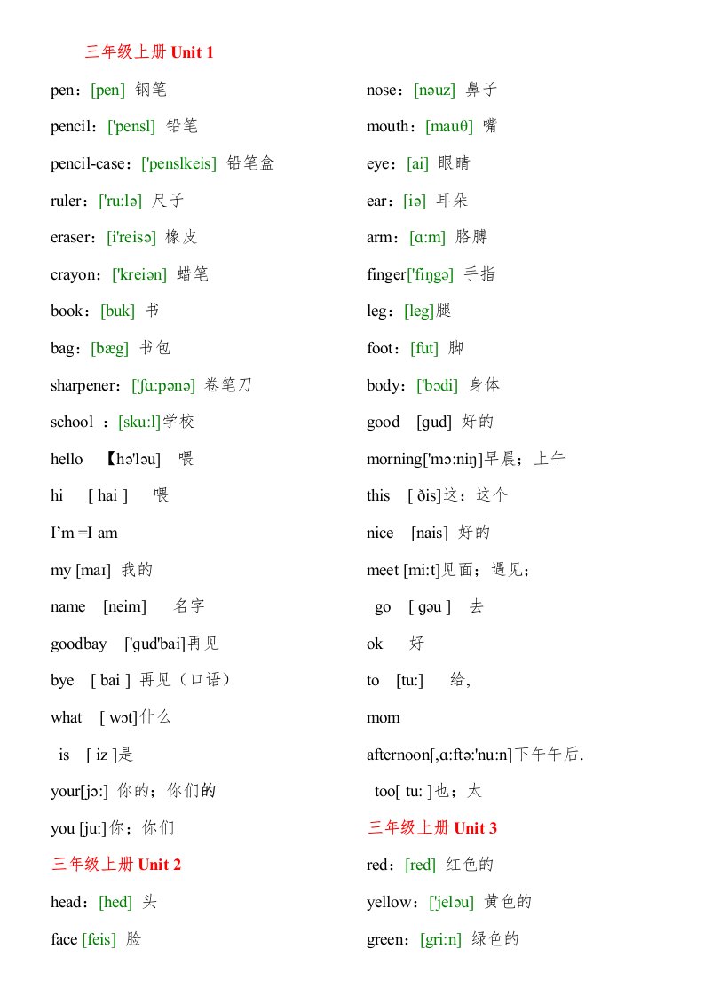 人教版小学英语单词表(带音标)