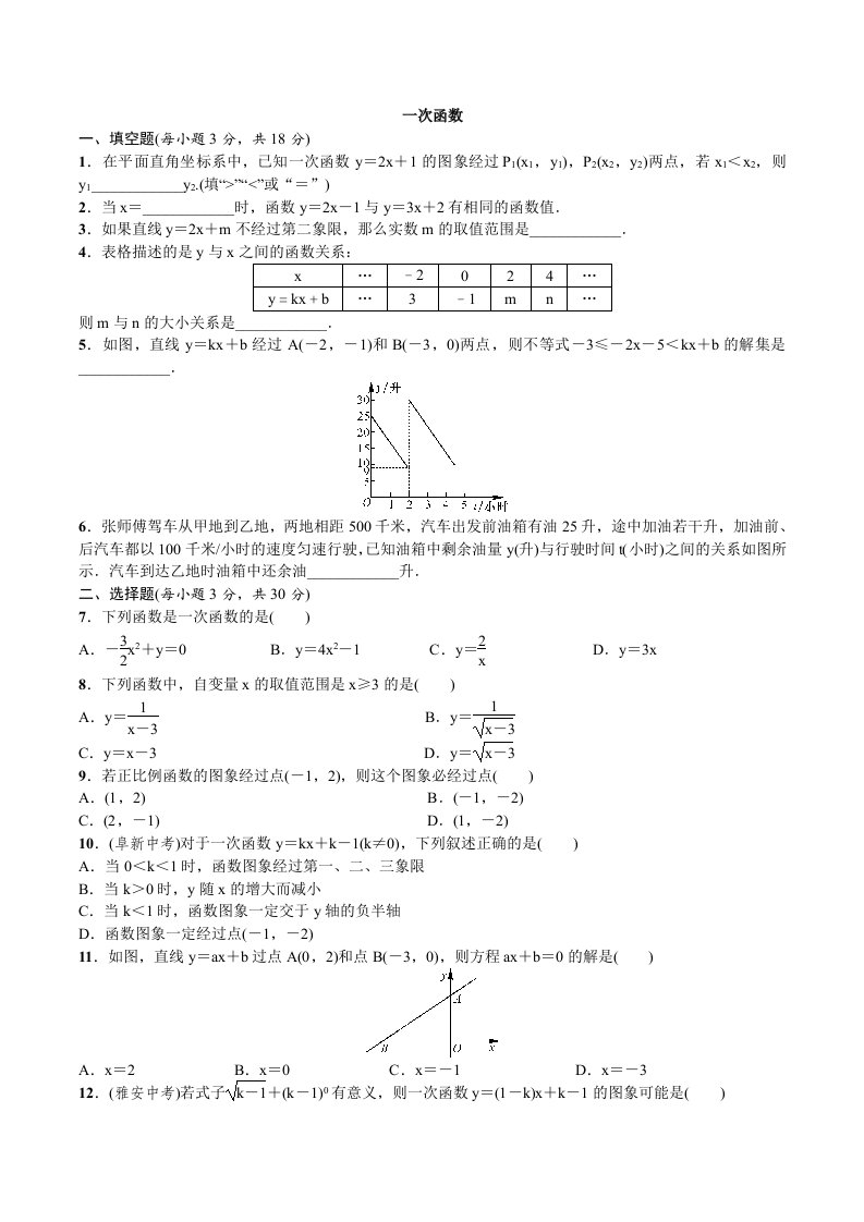 人教版八年级下一次函数期末复习试卷答案