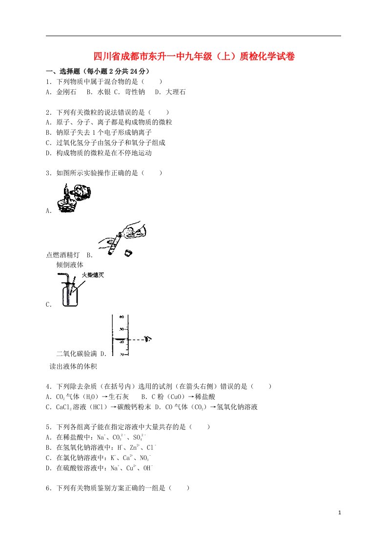 四川省成都市东升一中九级化学上学期质检试题（含解析）