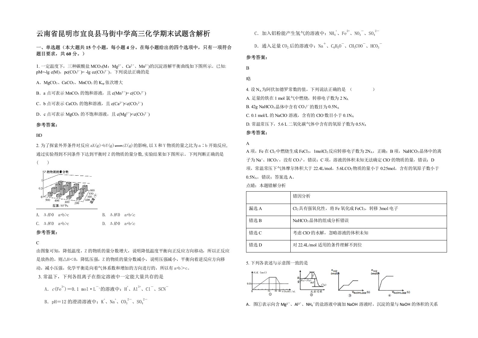 云南省昆明市宜良县马街中学高三化学期末试题含解析