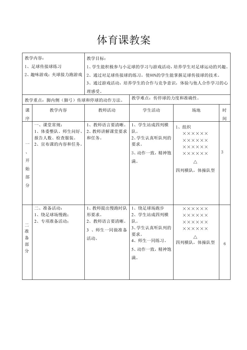 小学足球课教案、足球传接球练习