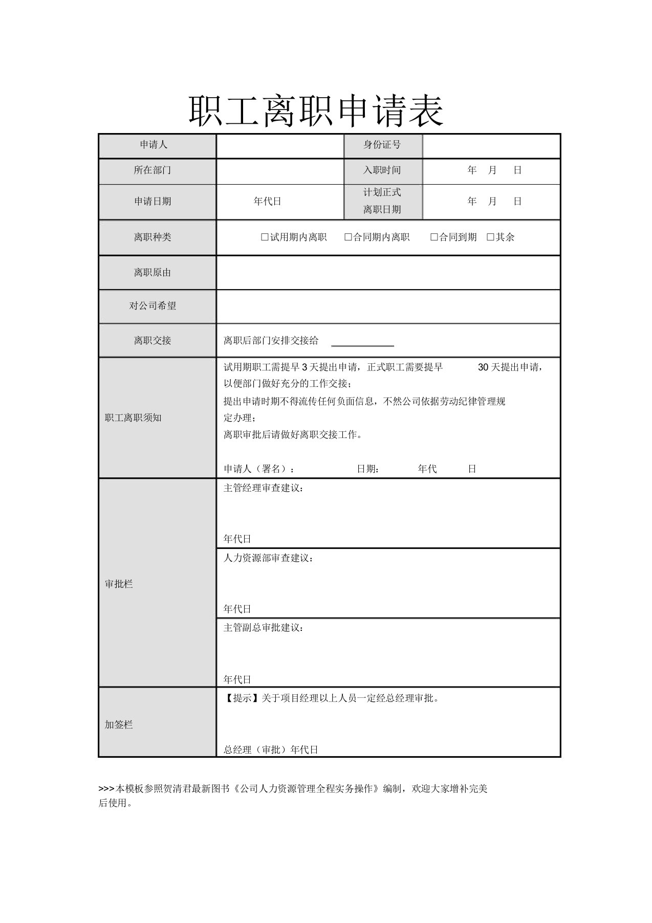 员工辞职申请表(下载)