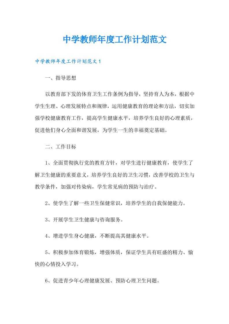 中学教师年度工作计划范文