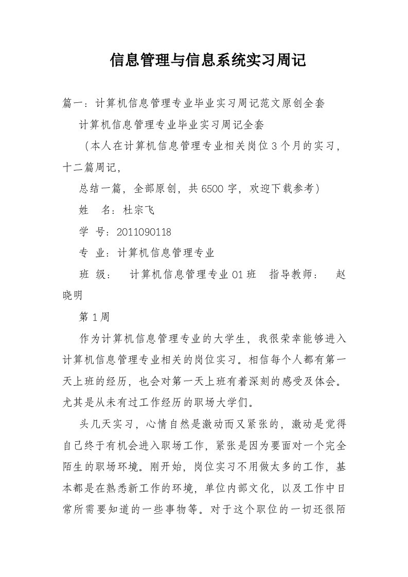 信息管理与信息系统实习周记