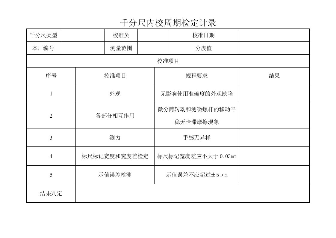 千分尺内校记录表