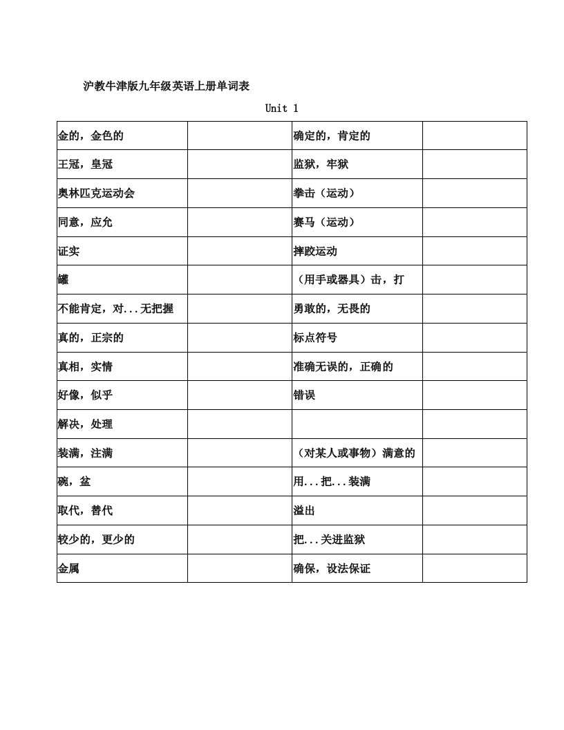 沪教牛津版九年级英语上册单词表