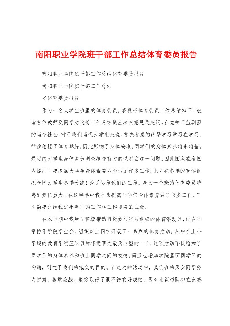 南阳职业学院班干部工作总结体育委员报告