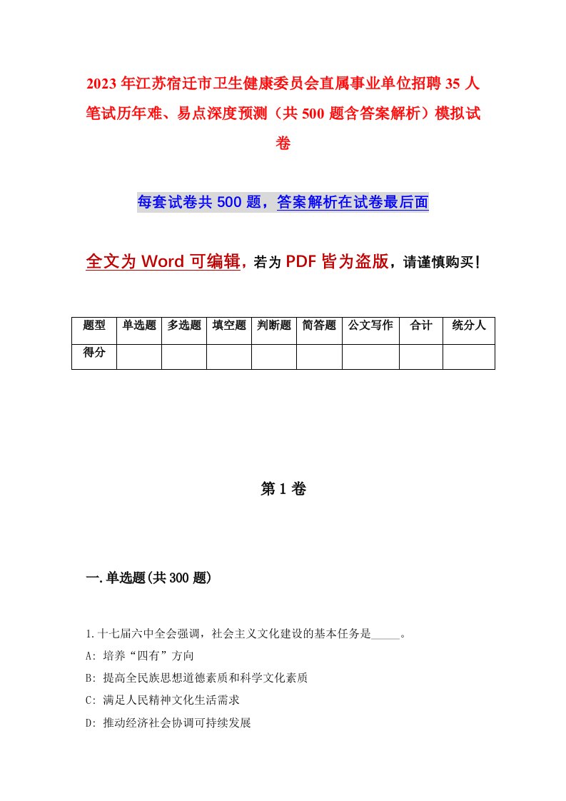 2023年江苏宿迁市卫生健康委员会直属事业单位招聘35人笔试历年难易点深度预测共500题含答案解析模拟试卷