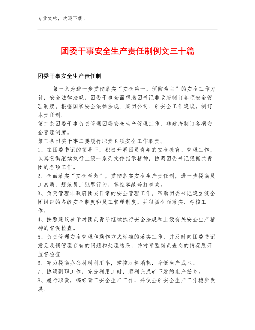 团委干事安全生产责任制例文三十篇