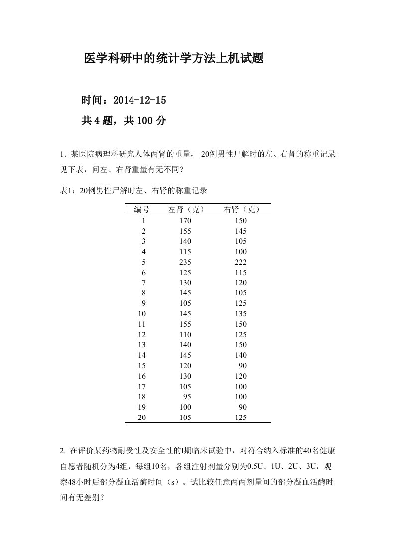 研究生医学统计学上机试题