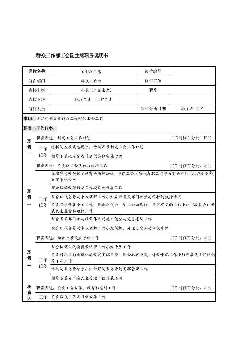 航材院群众工作部党务干事职务说明书