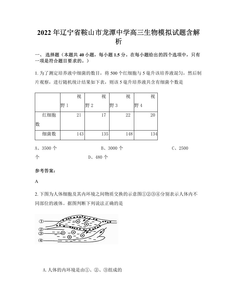 2022年辽宁省鞍山市龙潭中学高三生物模拟试题含解析