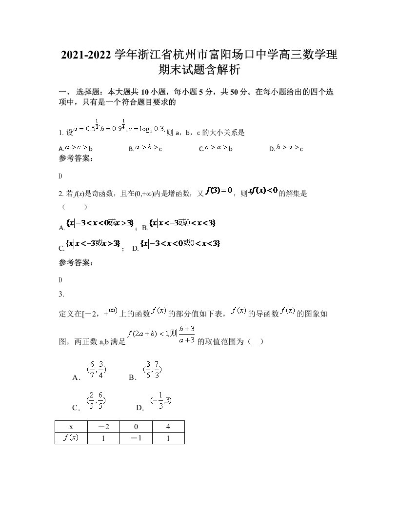 2021-2022学年浙江省杭州市富阳场口中学高三数学理期末试题含解析