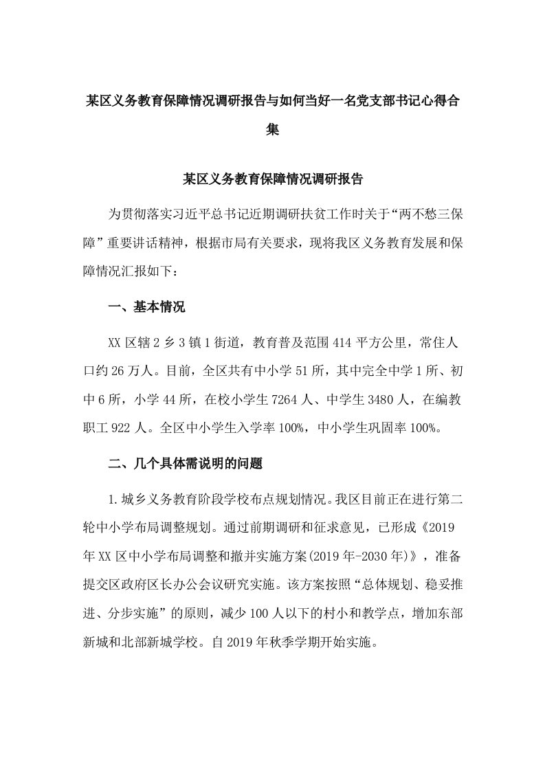 某区义务教育保障情况调研报告与如何当好一名党支部书记心得合集