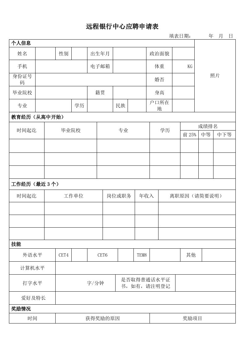 招商银行-远程银行中心应聘申请表