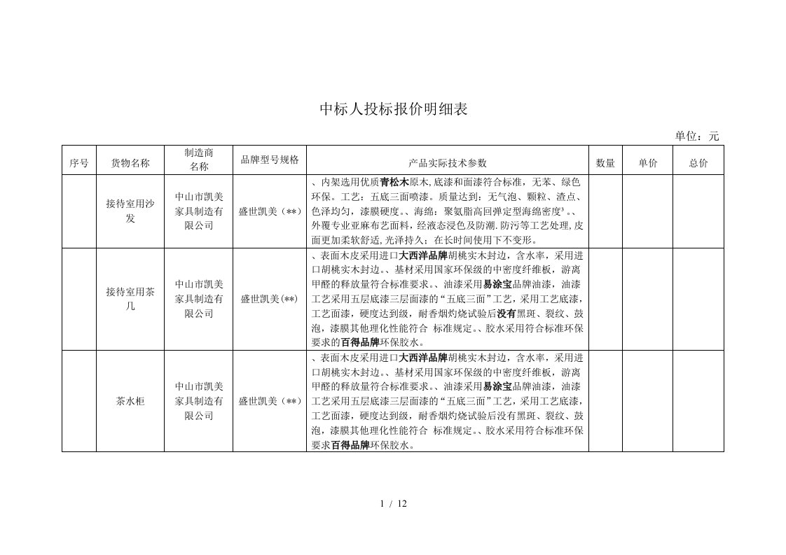 中标人投标报价明细表