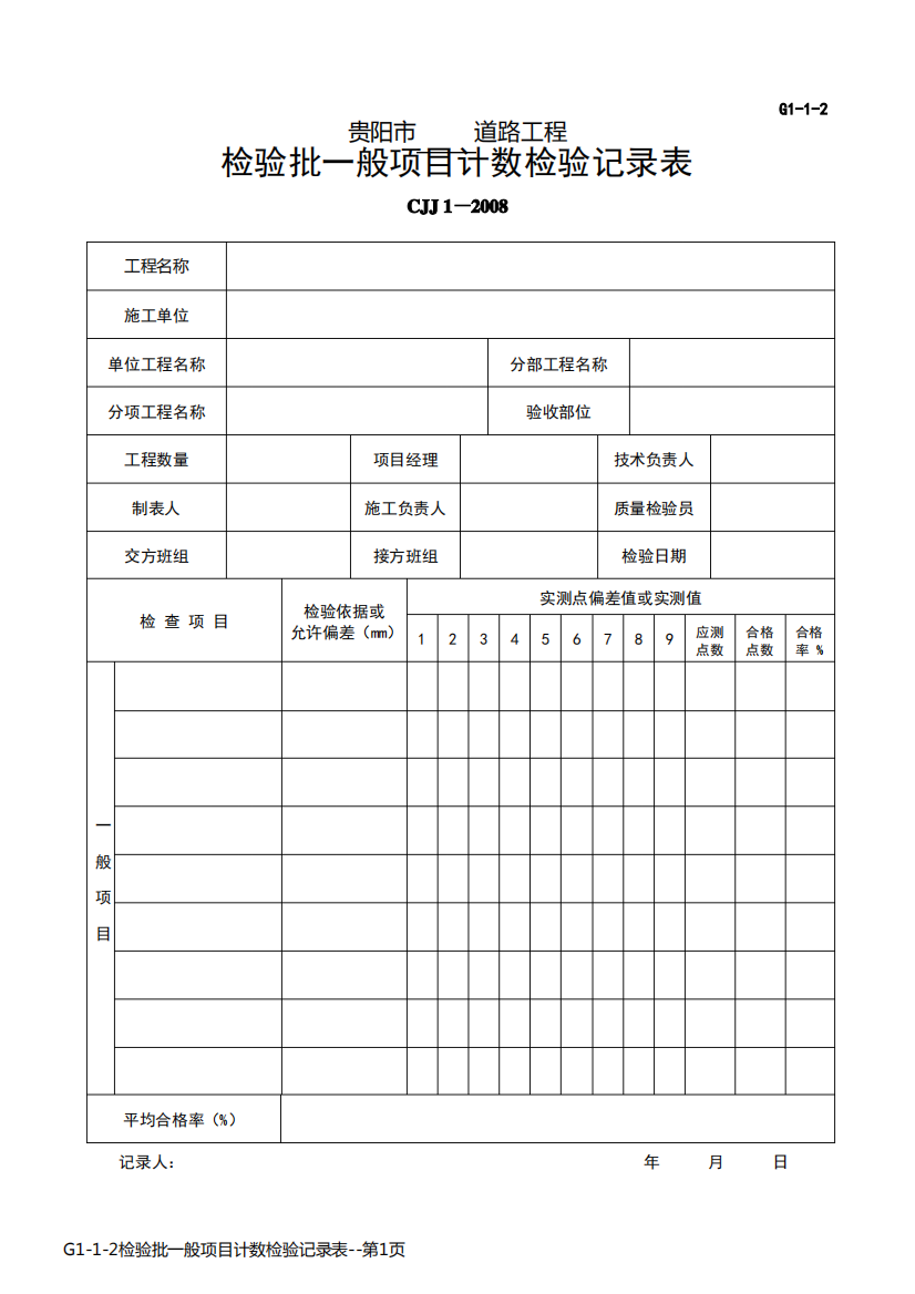 G1-1-2检验批一般项目计数检验记录表