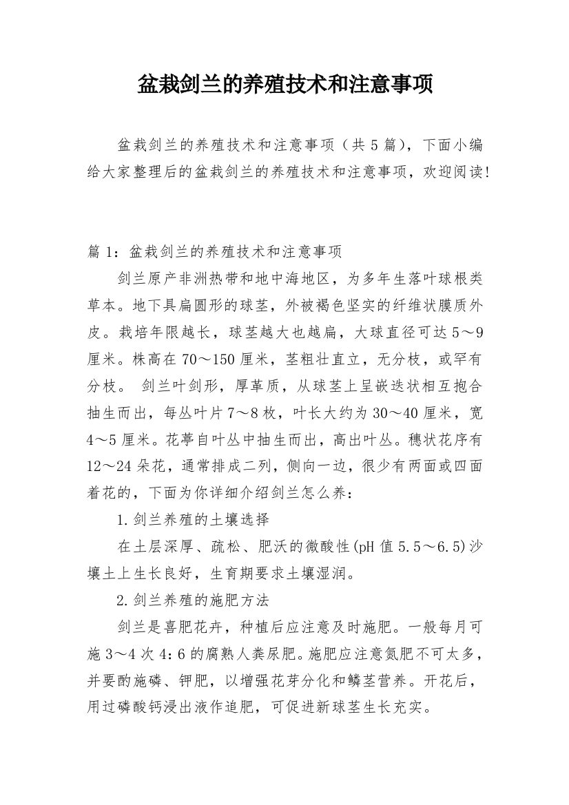 盆栽剑兰的养殖技术和注意事项