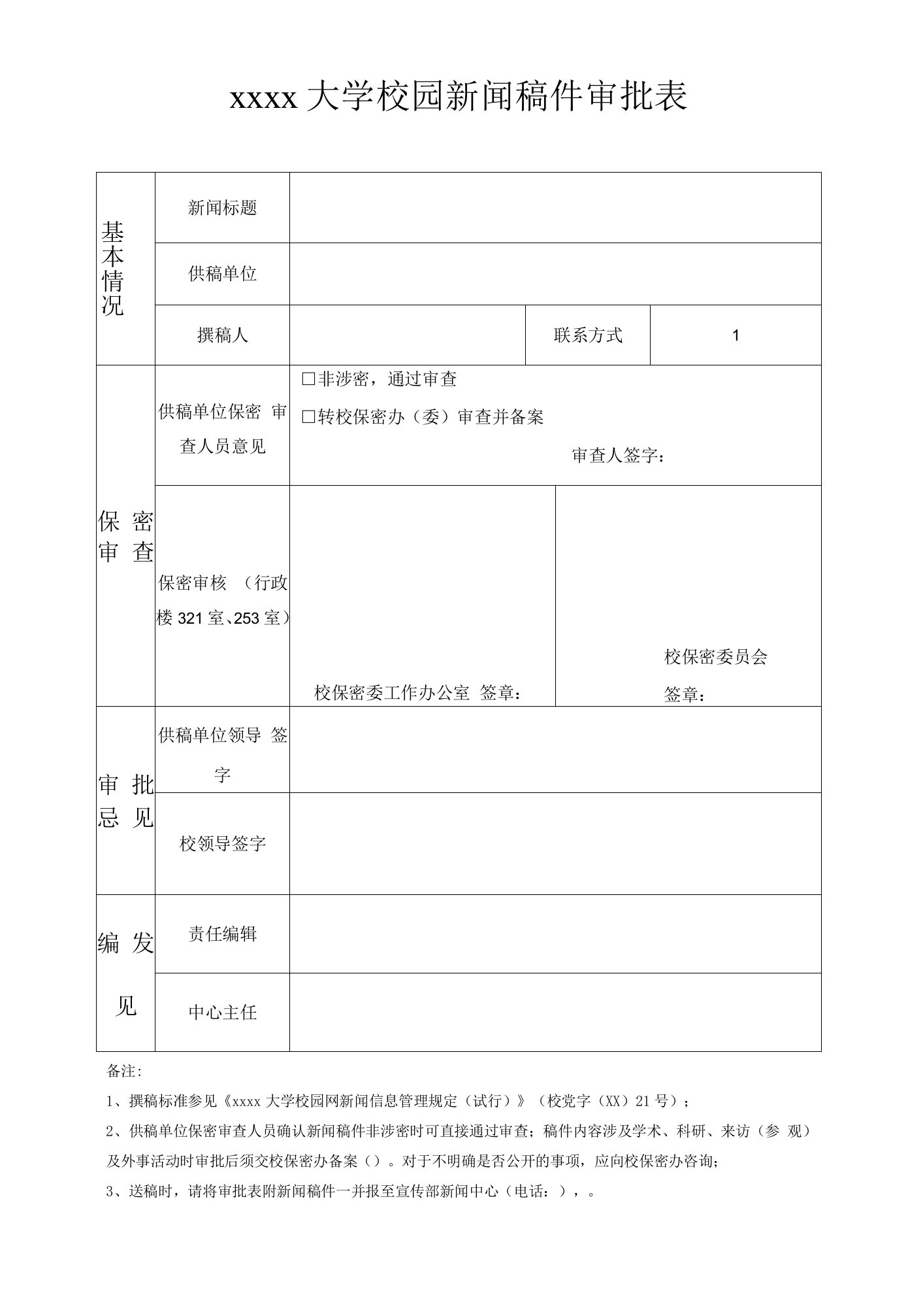 大学校园新闻稿件审批表模板.doc