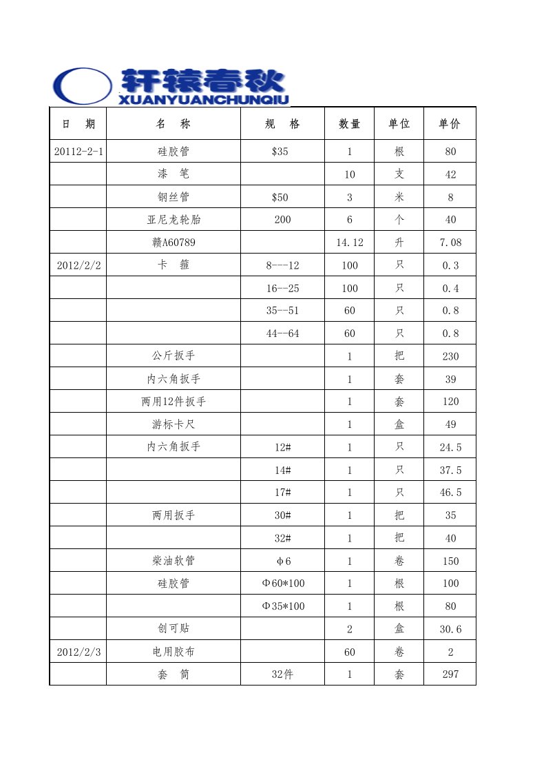 表格模板-2月份采购明细表