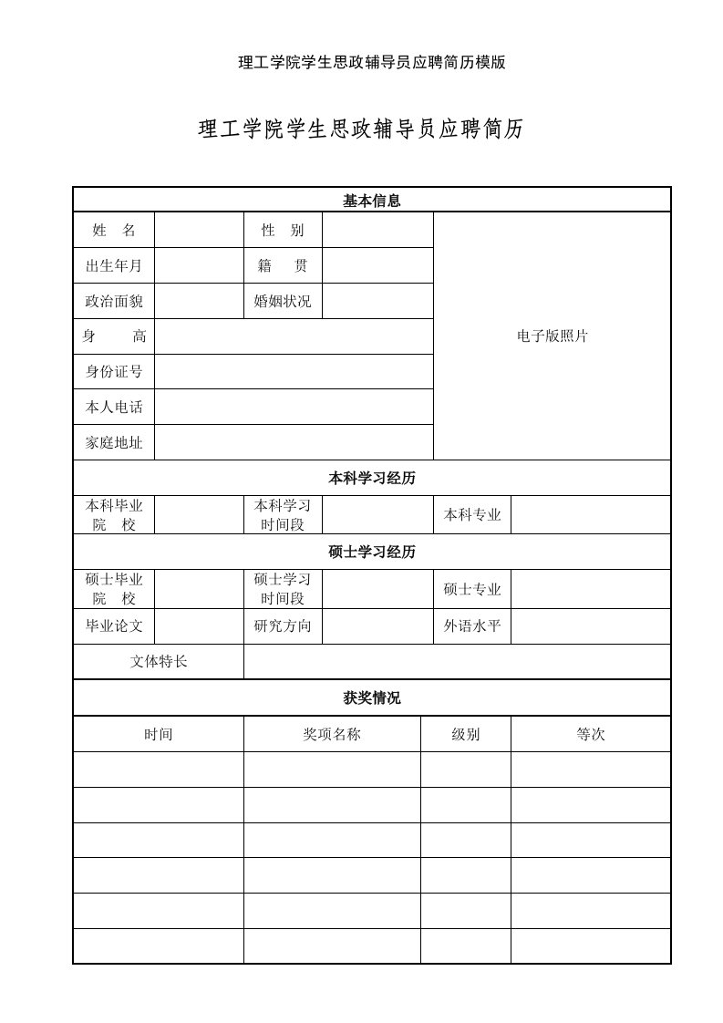 理工学院学生思政辅导员应聘简历模版