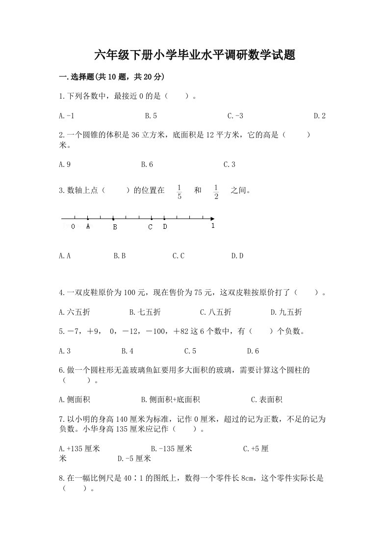 六年级下册小学毕业水平调研数学试题及完整答案【典优】