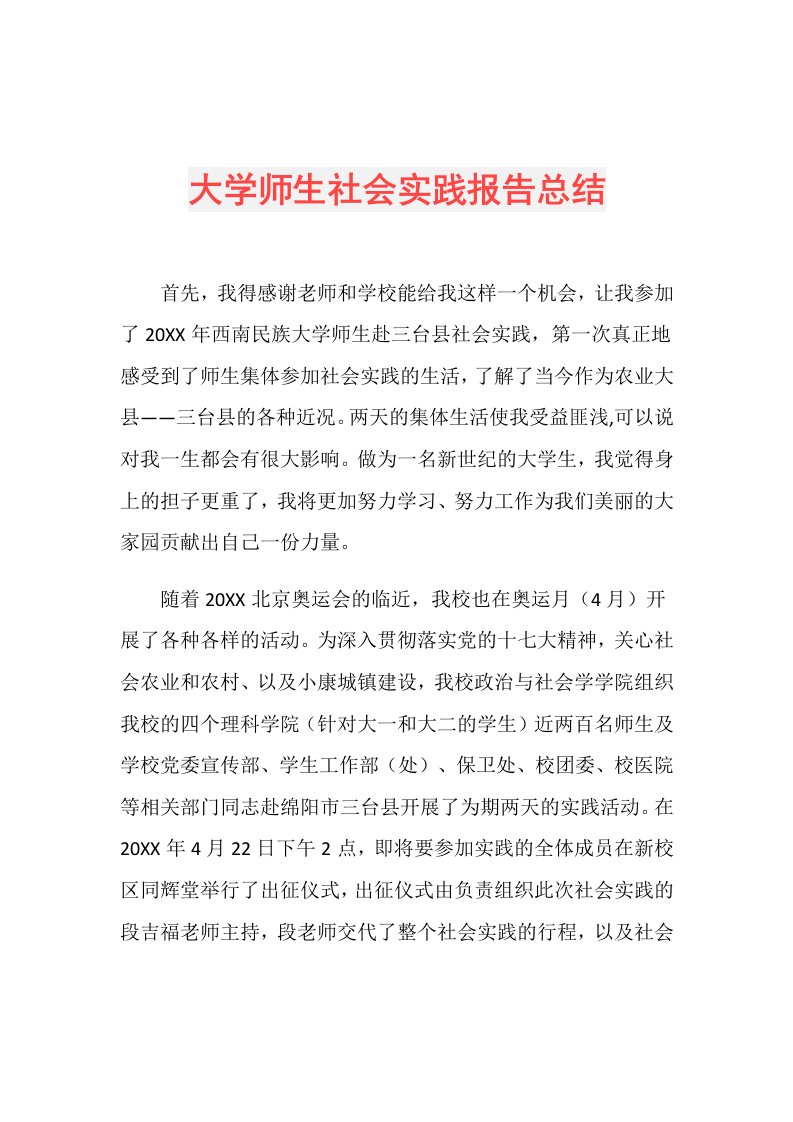 大学师生社会实践报告总结