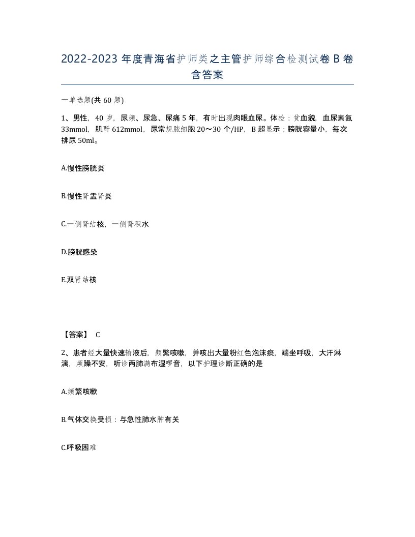 2022-2023年度青海省护师类之主管护师综合检测试卷B卷含答案