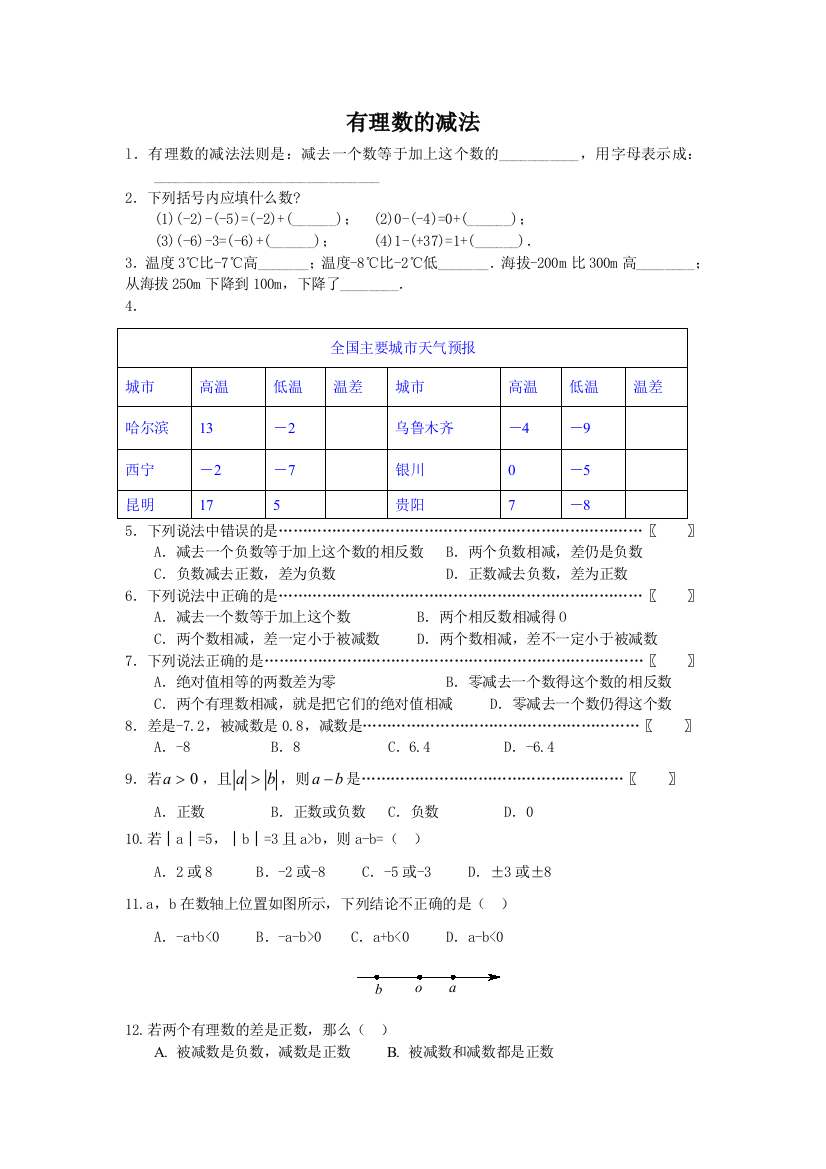 有理数的减法习题