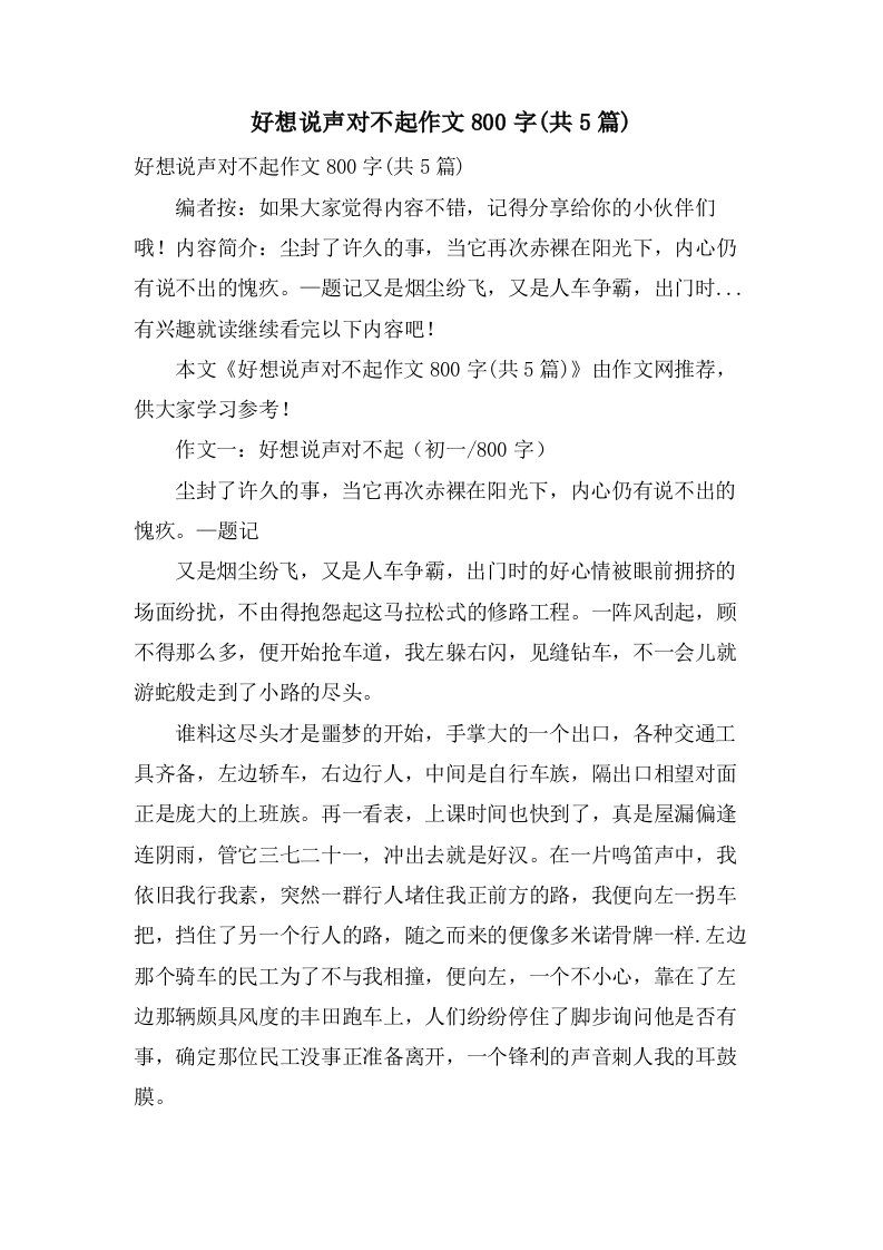 好想说声对不起作文800字(共5篇)