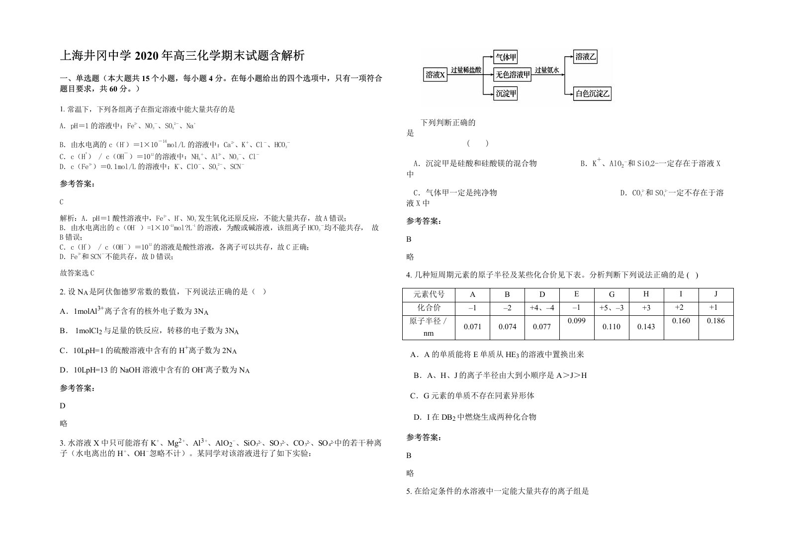 上海井冈中学2020年高三化学期末试题含解析