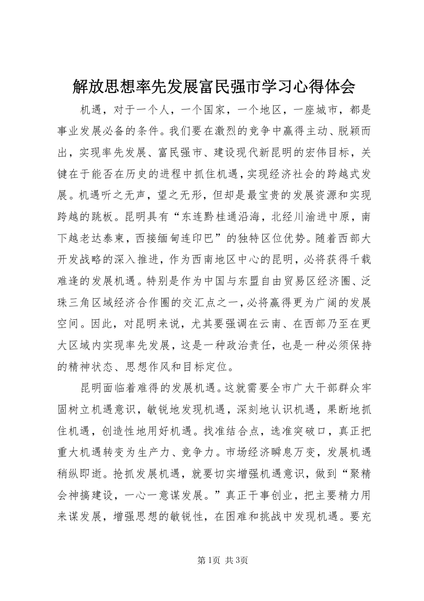 解放思想率先发展富民强市学习心得体会