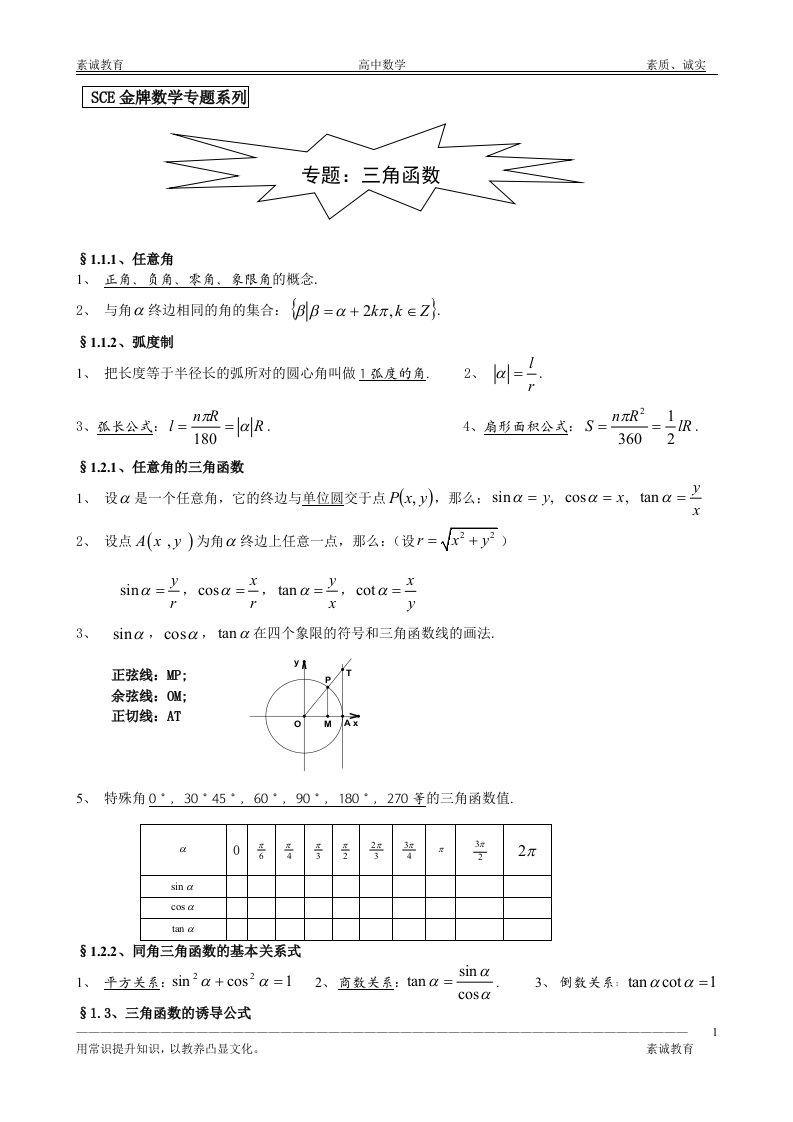 高中数学专题系列--三角函数讲义