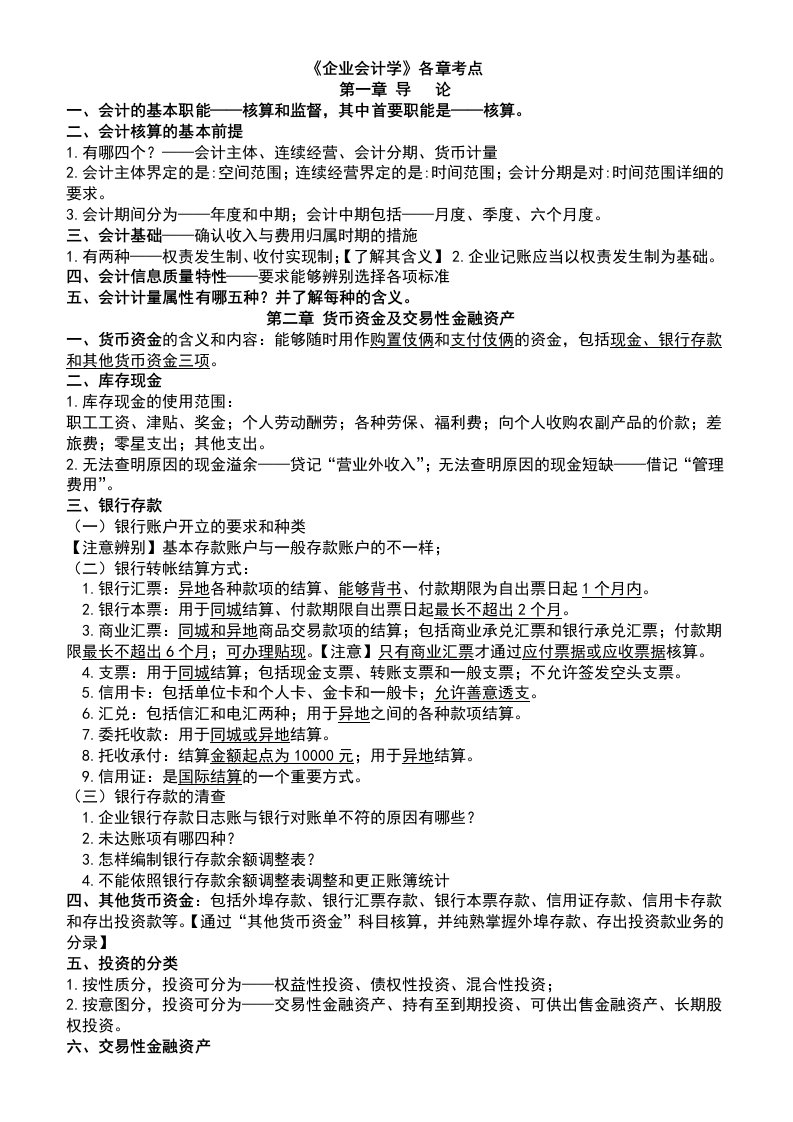 2024年自考00055企业会计学各章考点