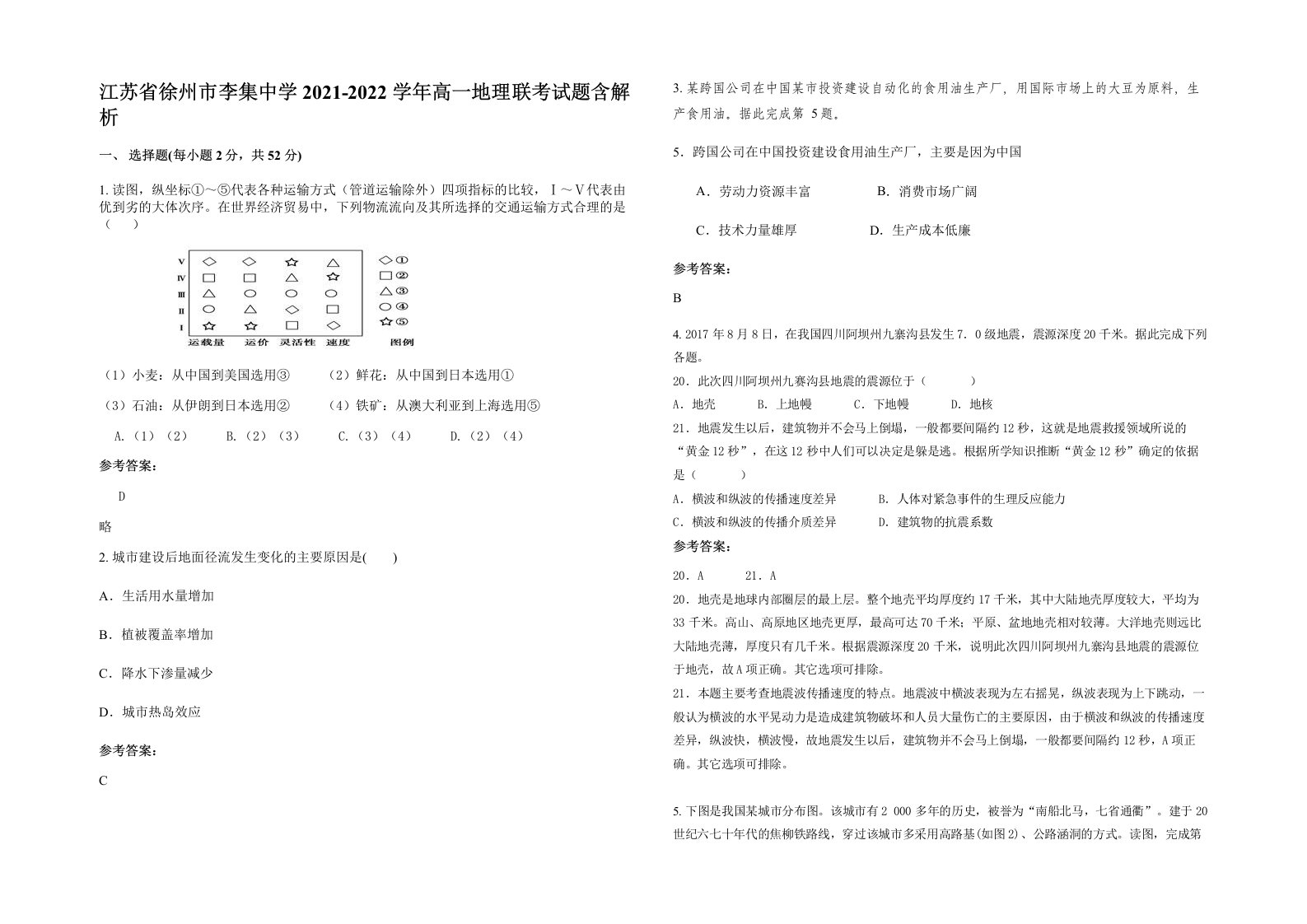 江苏省徐州市李集中学2021-2022学年高一地理联考试题含解析