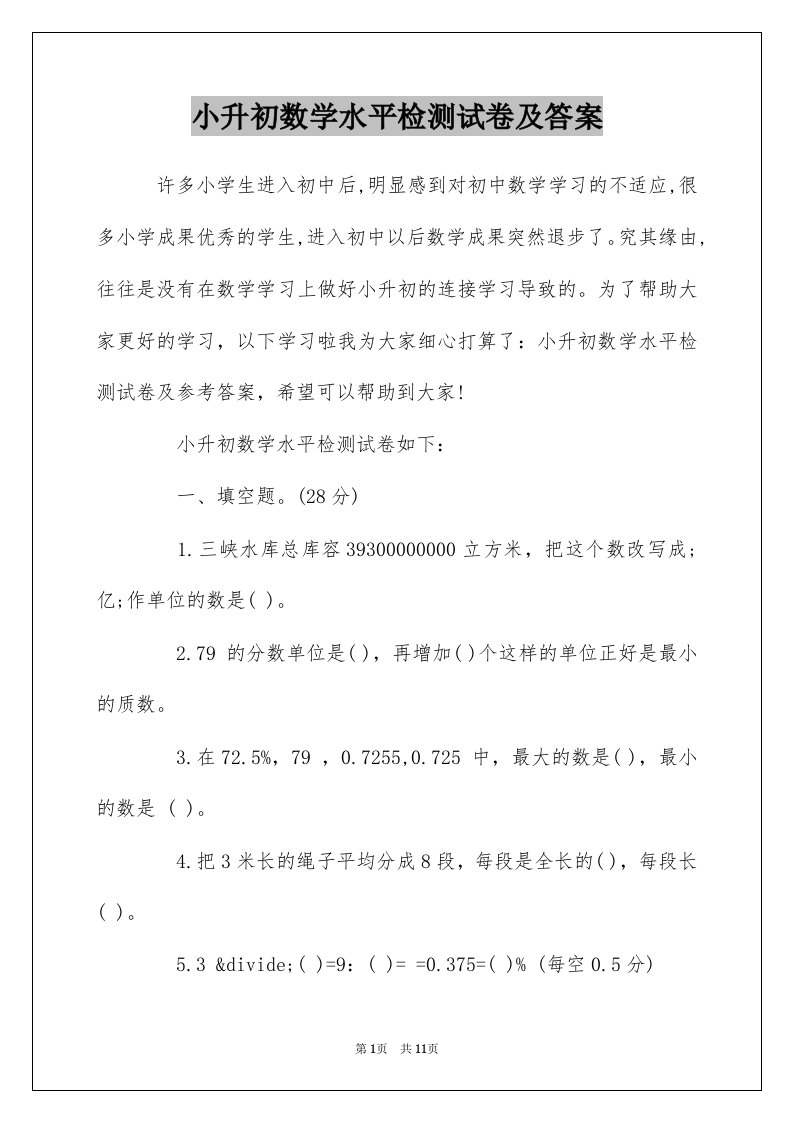 小升初数学水平检测试卷及答案