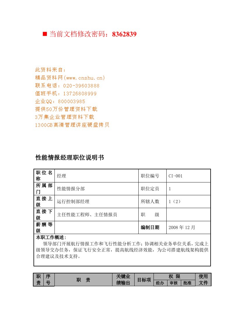 航空公司性能情报经理岗位说明