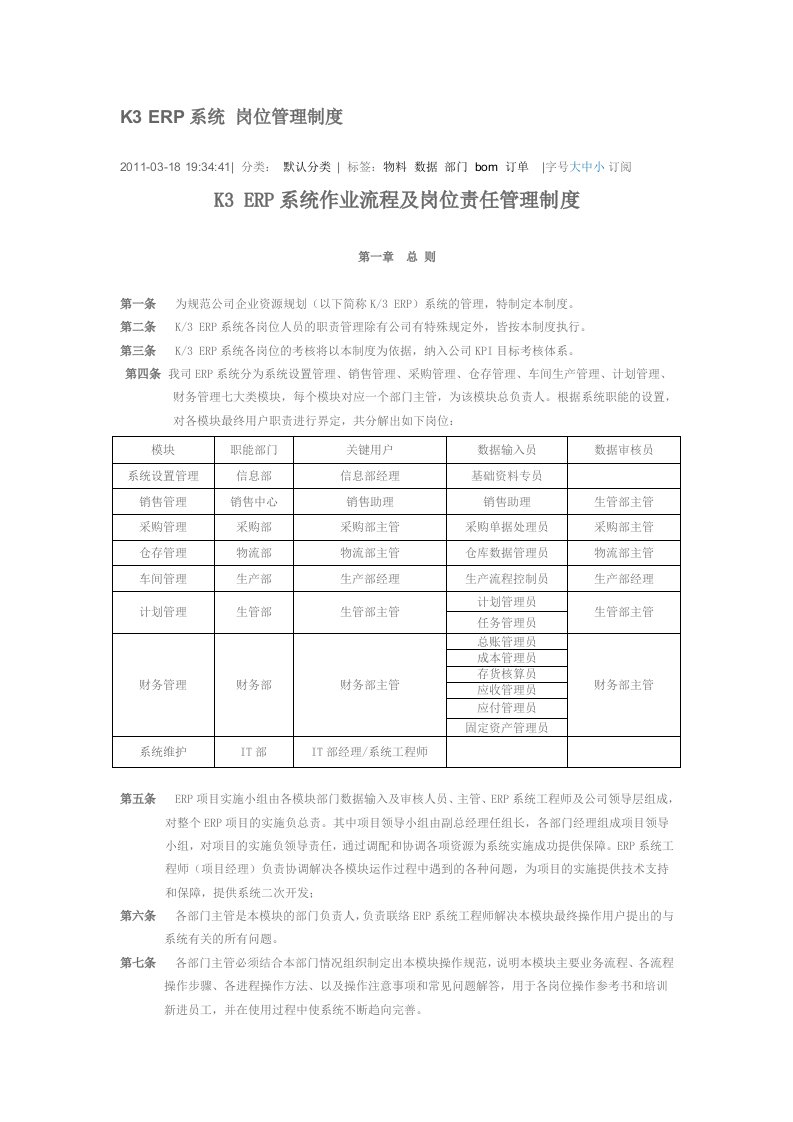 K3ERP系统岗位管理制度