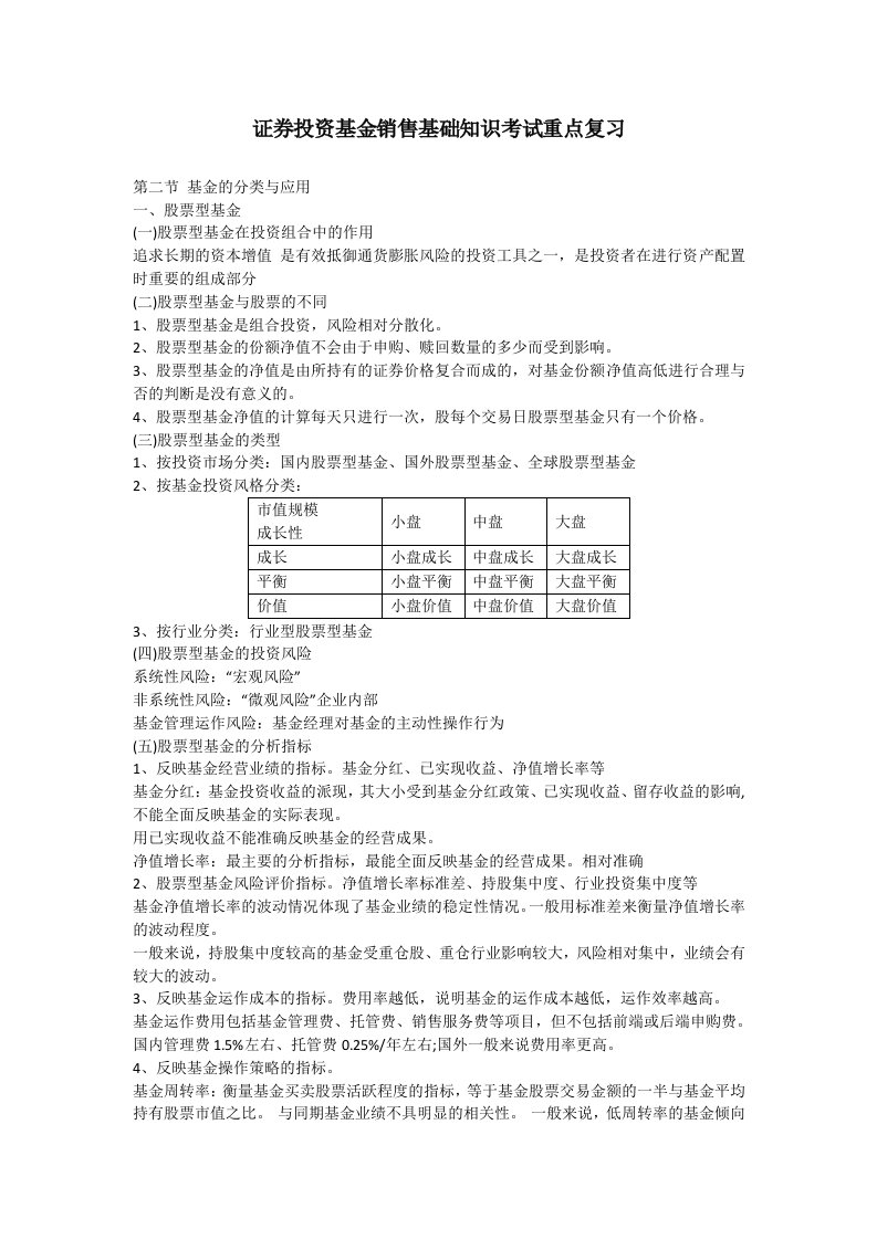 证券投资基金销售基础知识考试重点复习