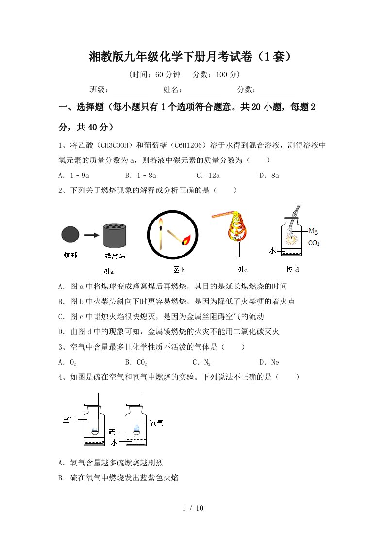 湘教版九年级化学下册月考试卷1套