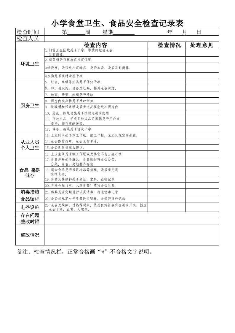 食堂卫生、食品安全检查记录表