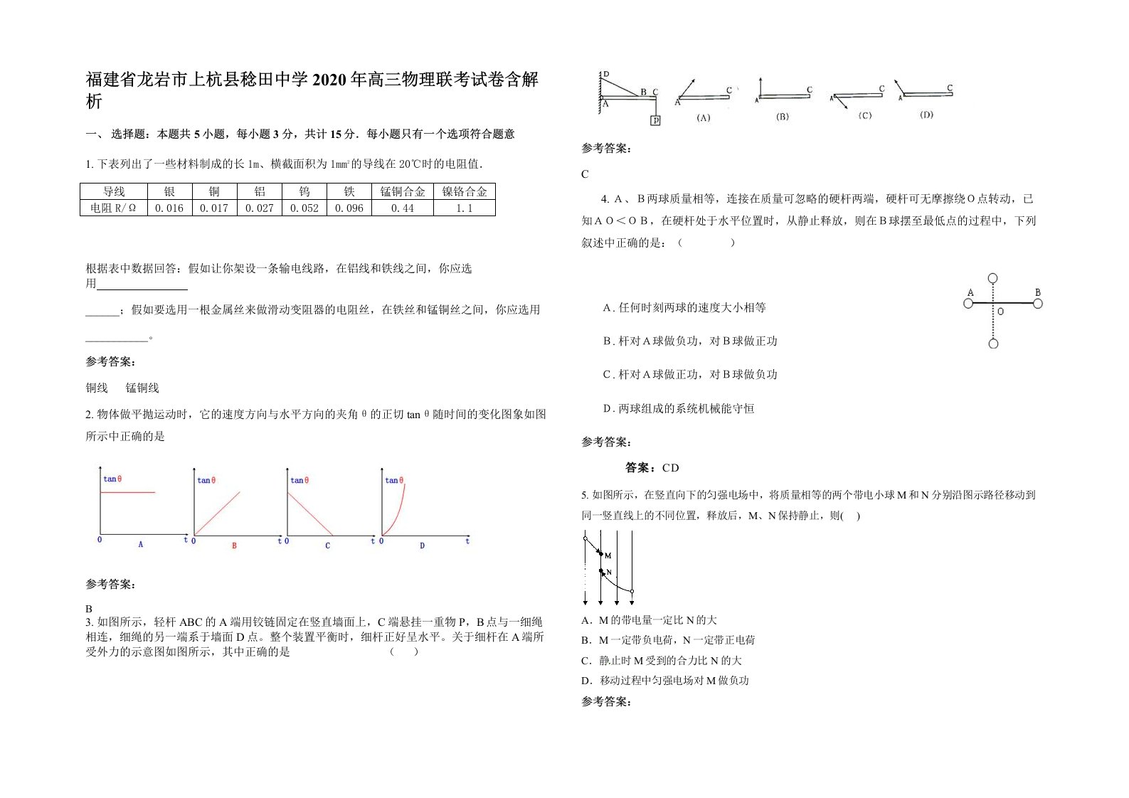 福建省龙岩市上杭县稔田中学2020年高三物理联考试卷含解析